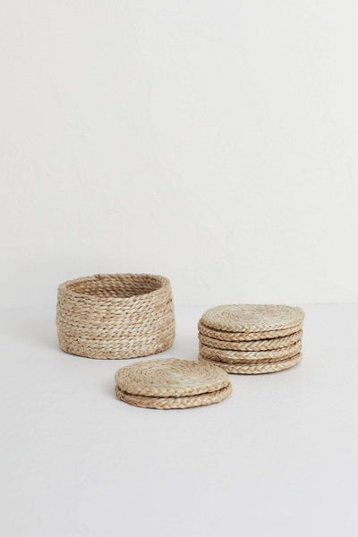 The Dharma Door Home, Table and Gifts Round Jute Coaster Set x 8 in basket Round Natural Jute Coasters x 8 in basket